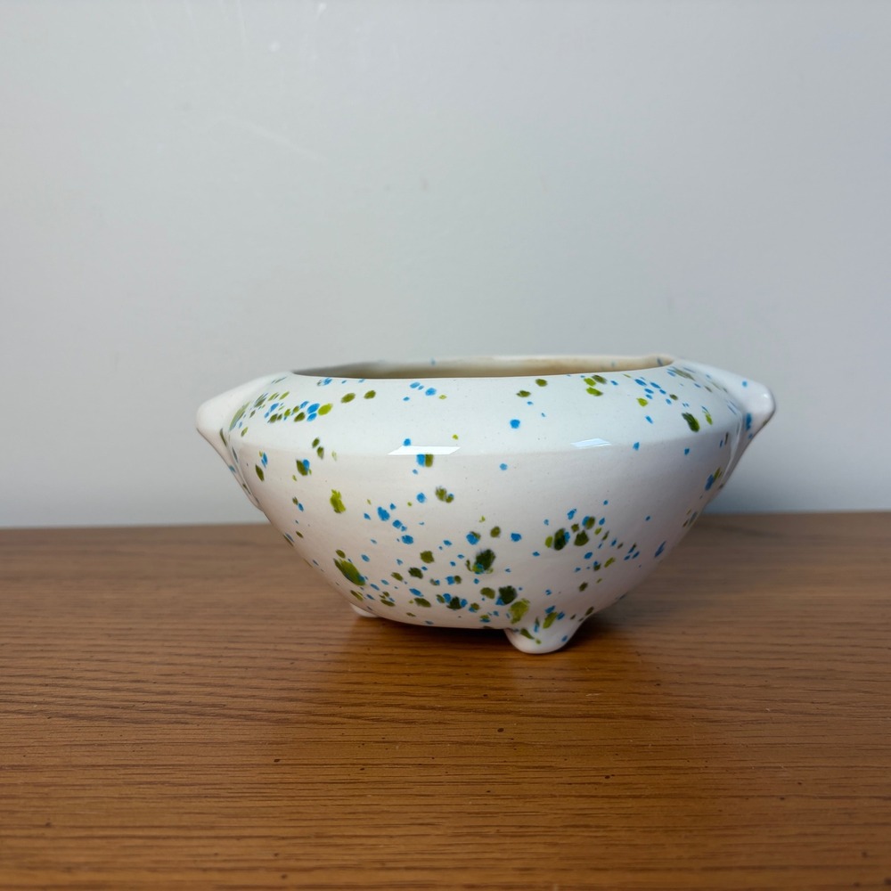Vintage Pottery Splatterware Footed Hanging Planter Bowl Blue Green Speckled MCM